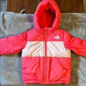 The North Face Moondoggy Paradise Pink and Peach Down Hooded Jacket